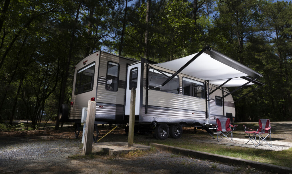 RV slide-out at night
